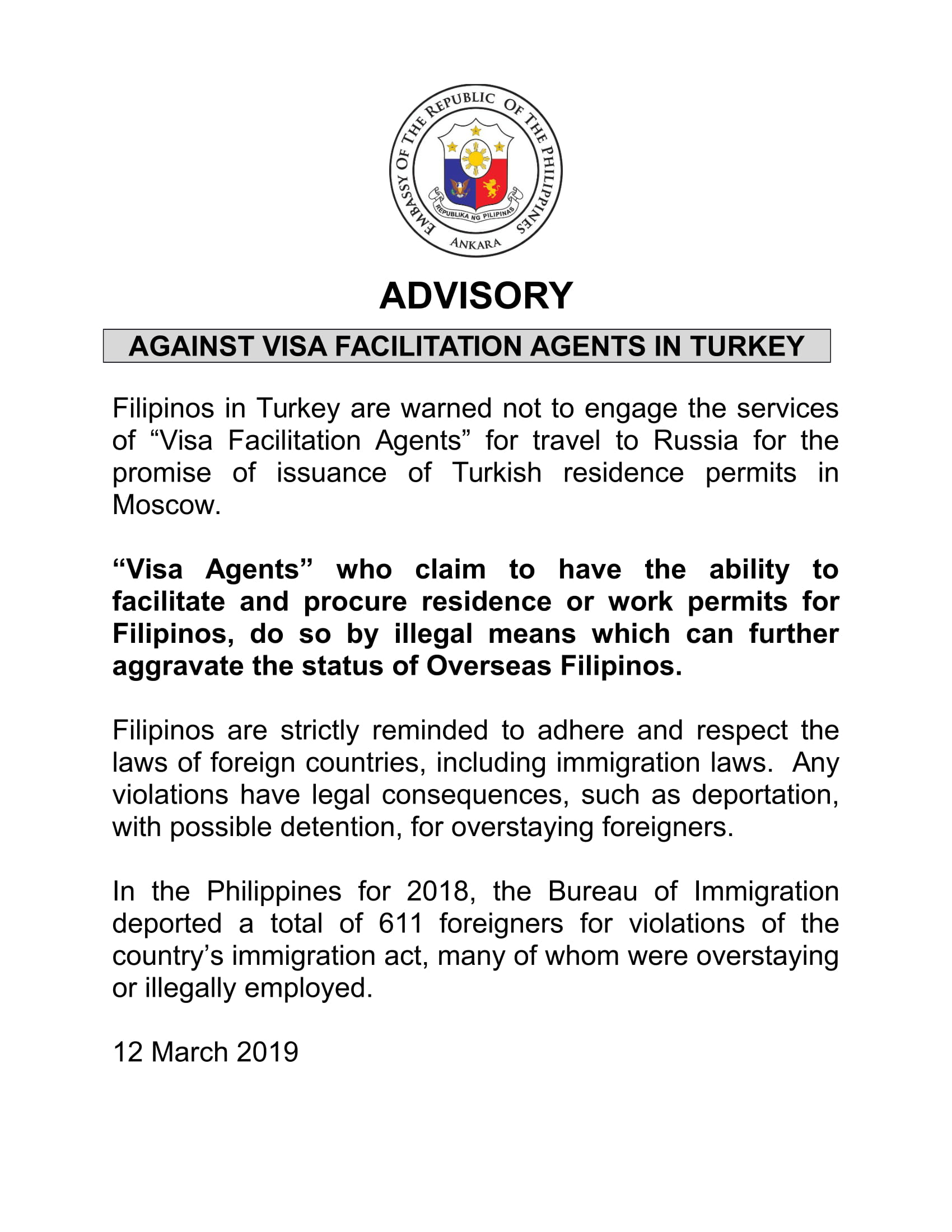 01 March 2019 ADVISORY AGAINST VISA FACILITATION AGENTS IN TURKEY 1