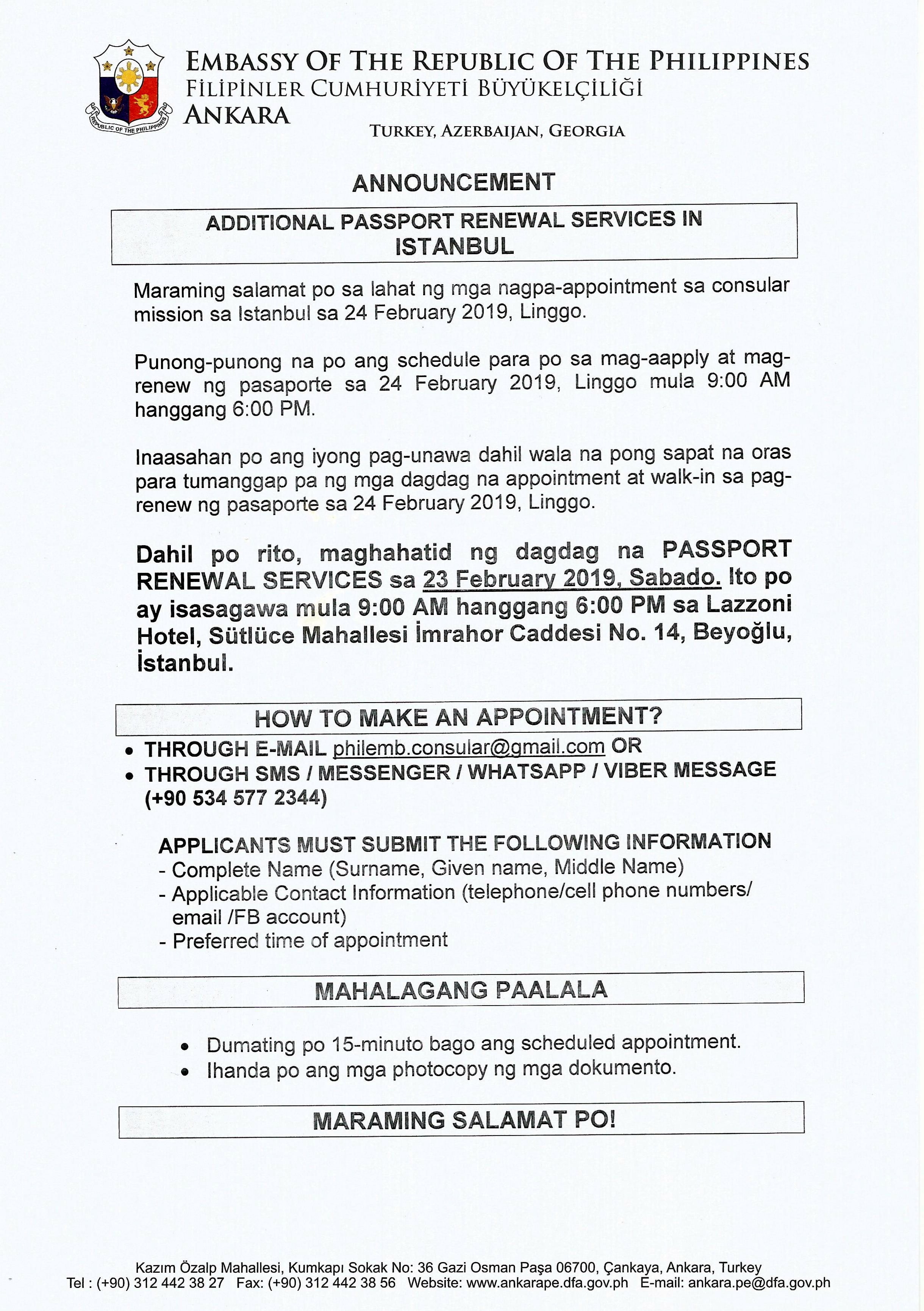 2019February15 IMPORTANT REMINDER Consular Misison Istanbul on 