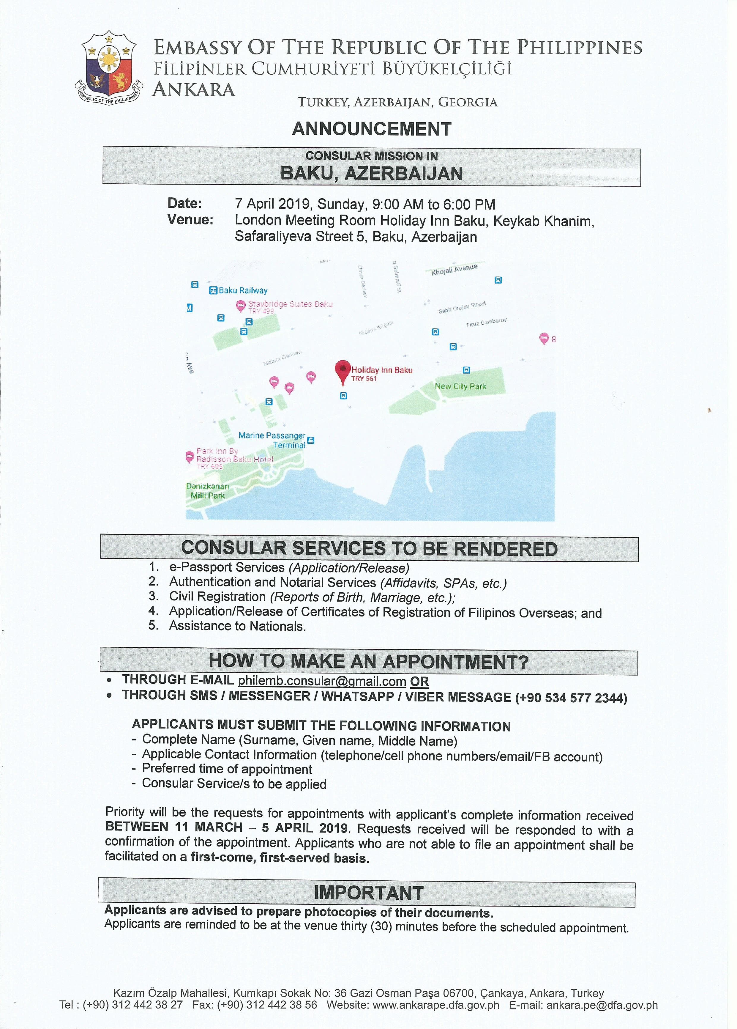 2019 March 8 ANNOUNCEMENT April 7 Consular Misison Baku