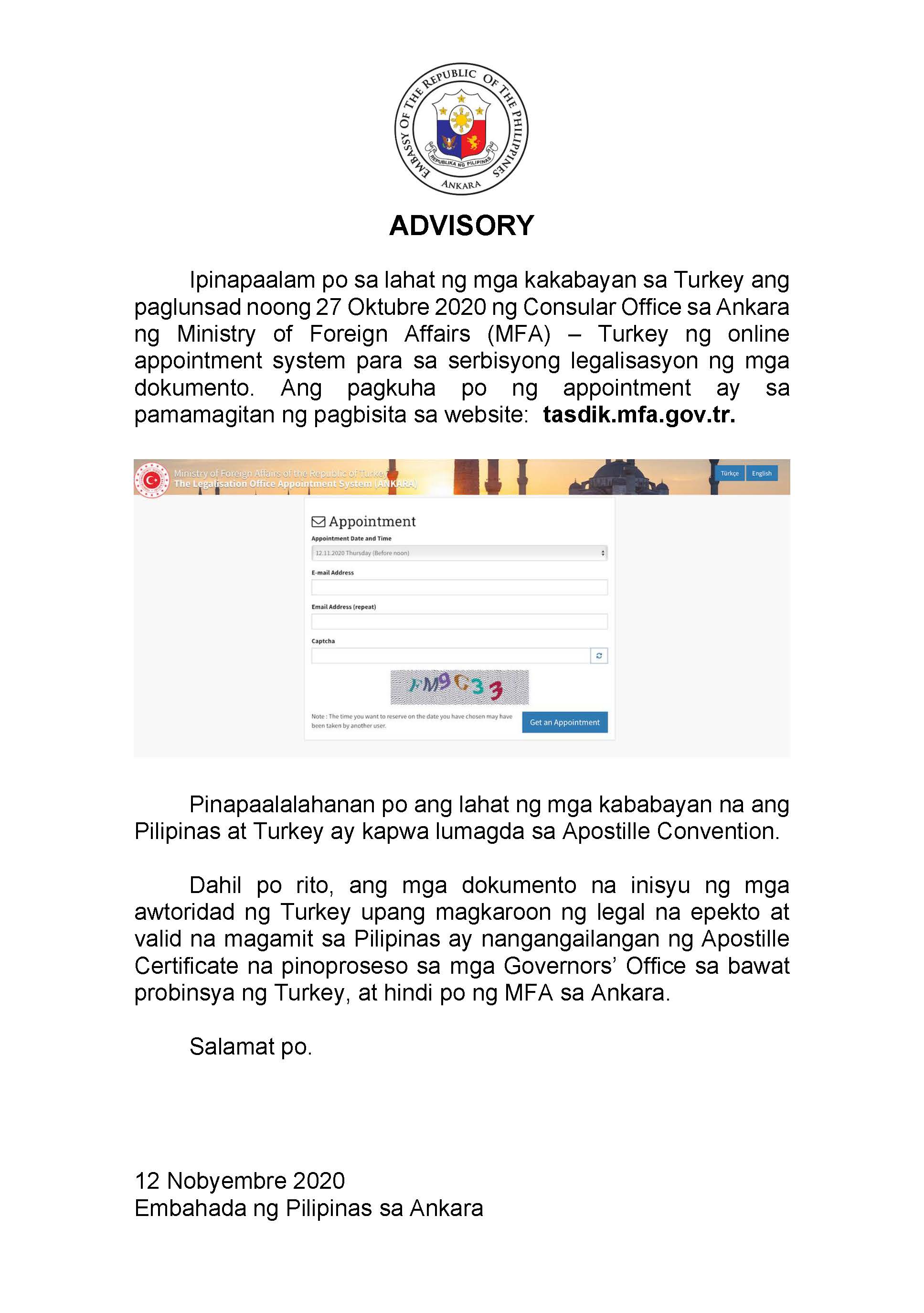 12 November 2020 Appointment System of Consular Attestation Office MFA