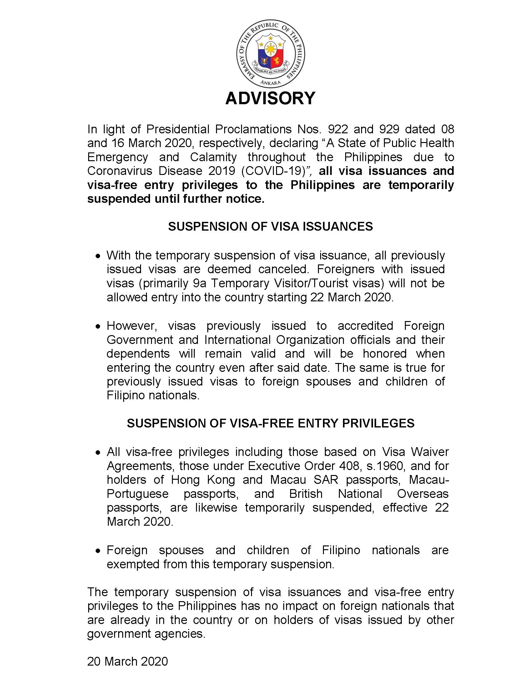 2020Mar20 ADVISORY VIsa Issuances Suspension