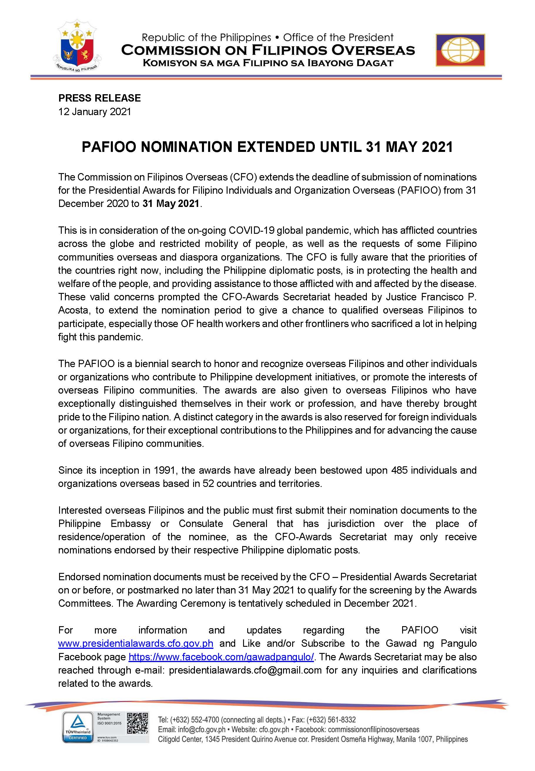 PRESS RELEASE PAFIOO Nomination Extended Until 31 May 2021