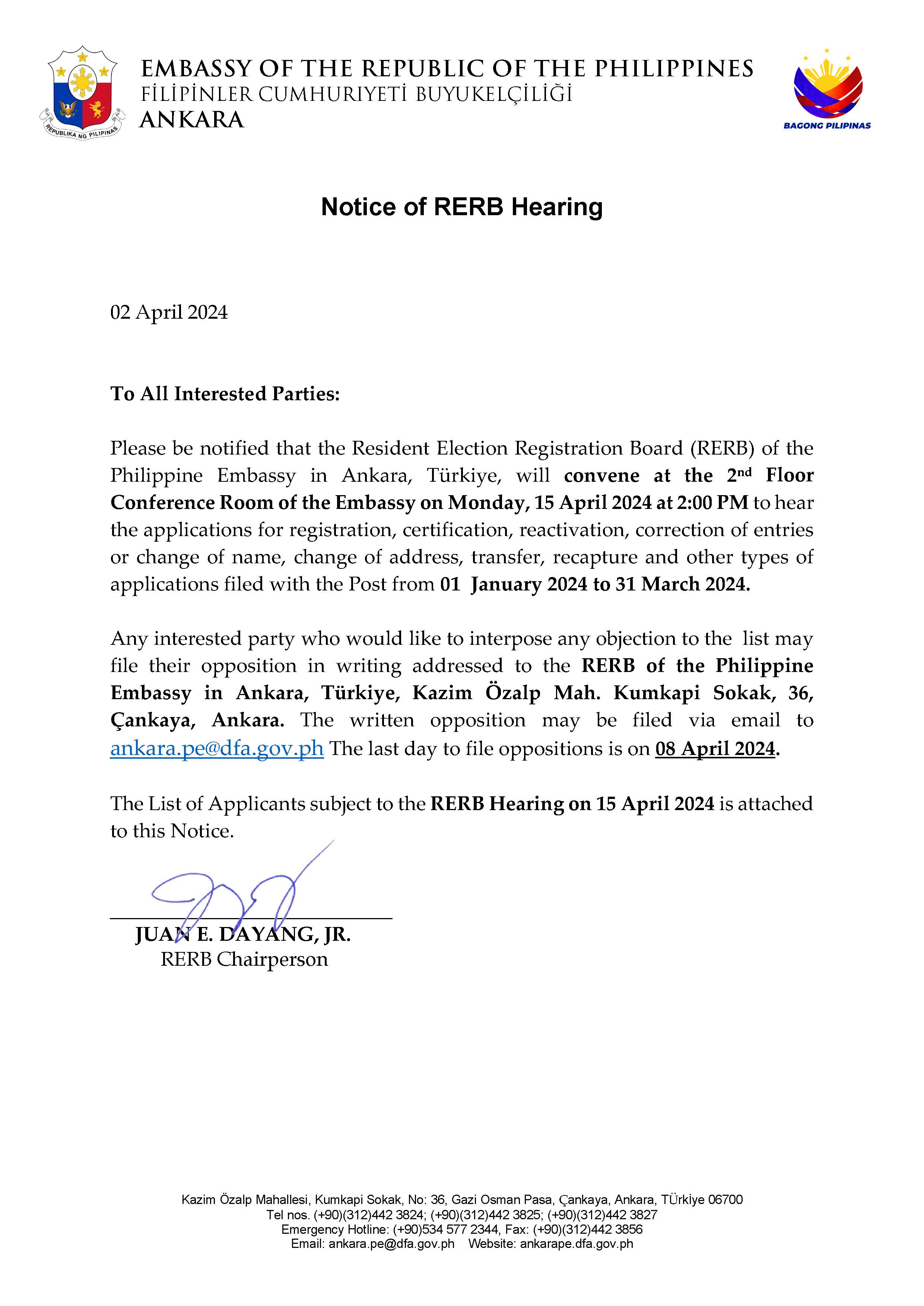 Notice 5th RERB Hearing 15 April 2024