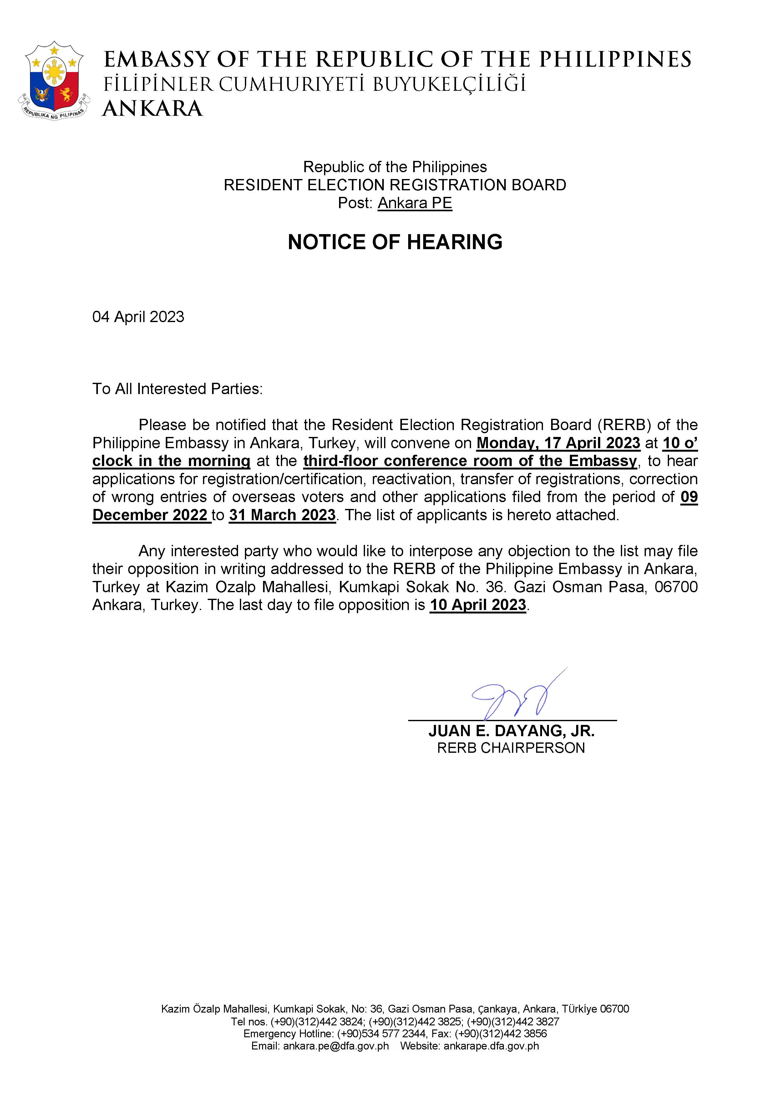 Notice of Hearing. RERB 1