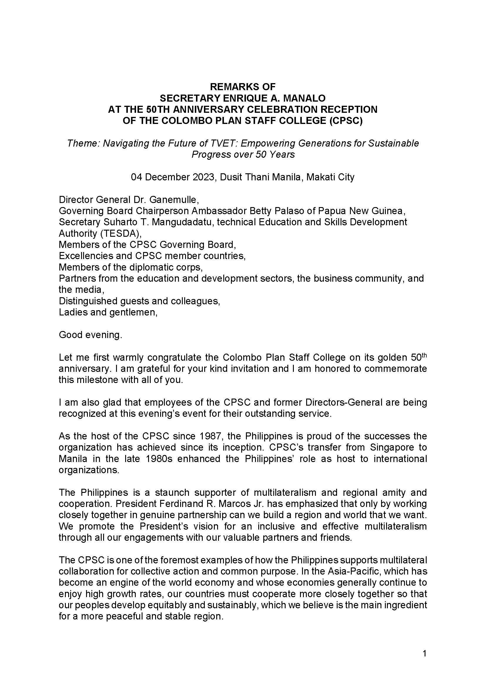 1. Secretary Enrique A. Manalos remarks.CPSCs 50th Anniv Actual speech Page 1