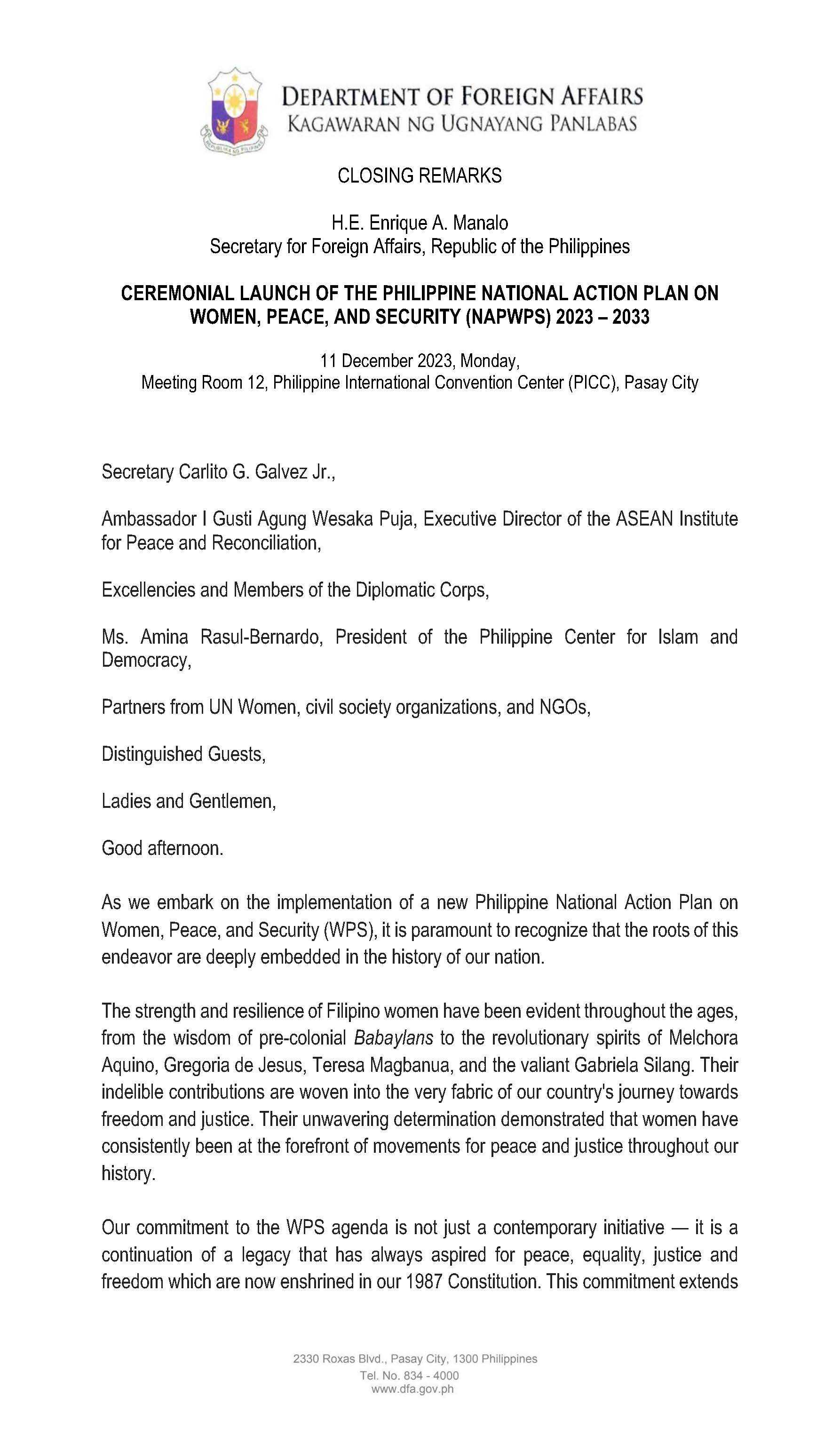 2. Closing Remarks of SFA Manalo Launch of NAPWPS 11 Dec 2023 Page 1