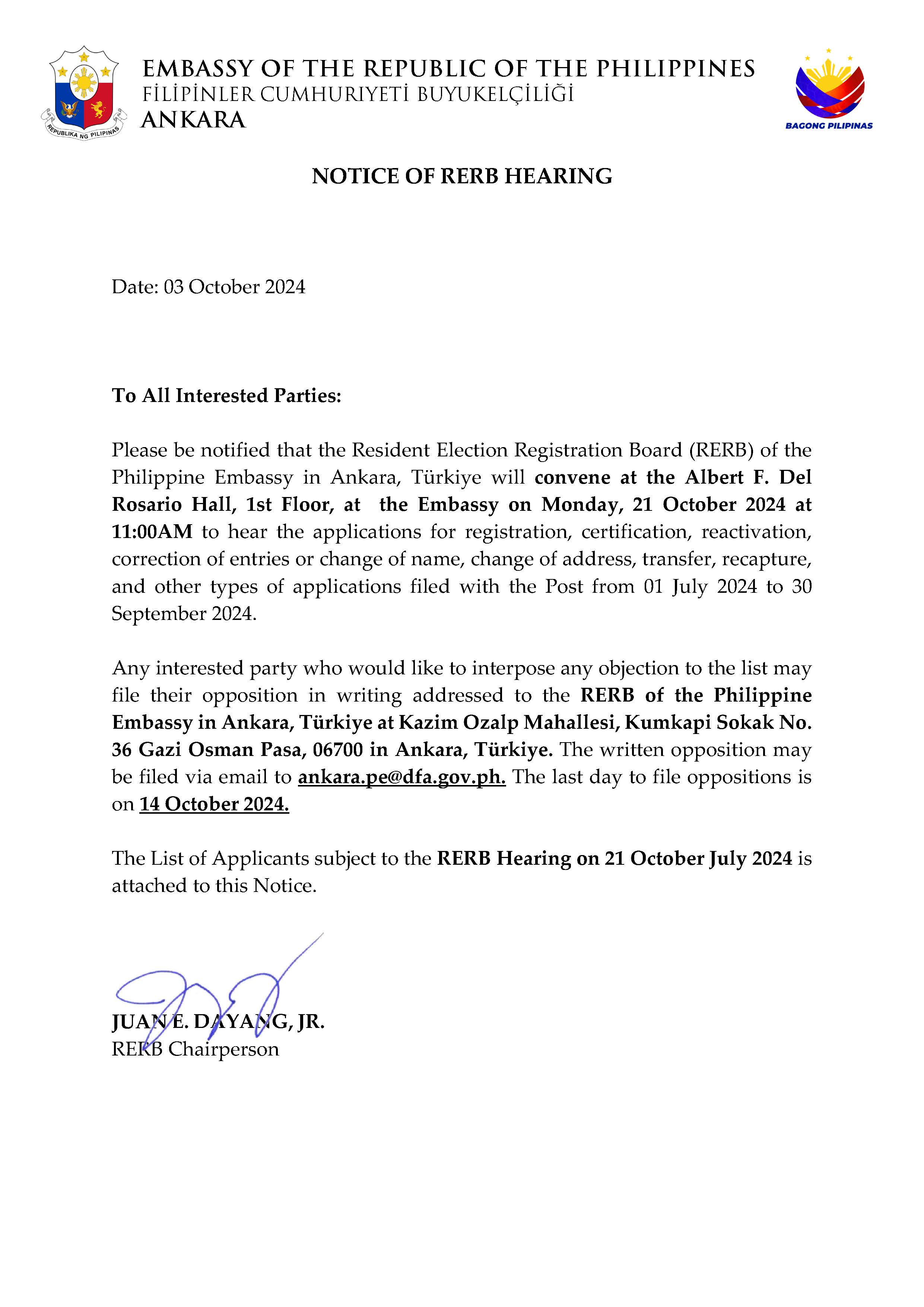 Notice 7th RERB Hearing 21 October 2024