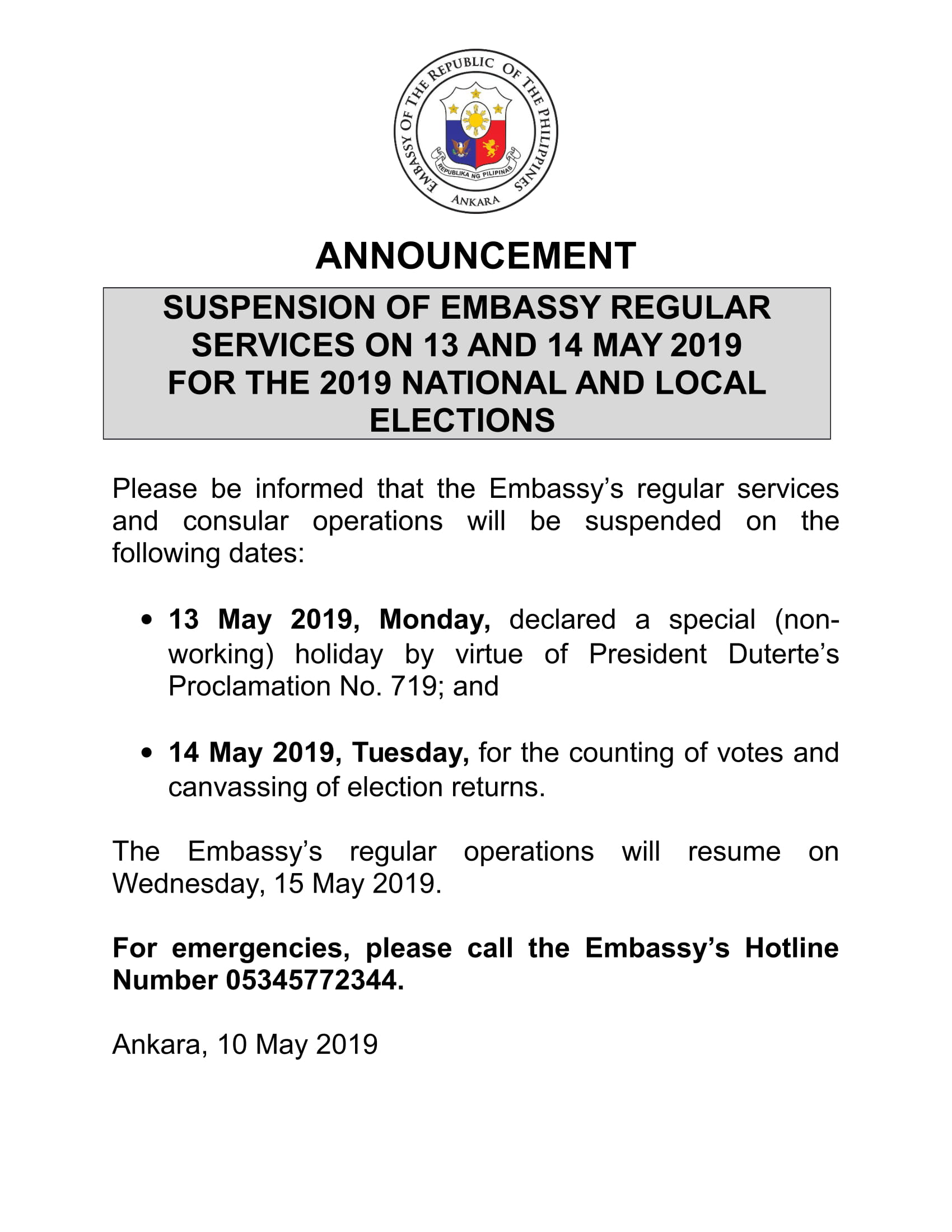 Closure of the Embassy on 13 14 May 2019 1